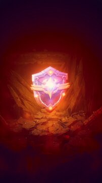 Stylized Knight Shield With Glowing Orange Eyes Energy In Dark Ritual Ruins