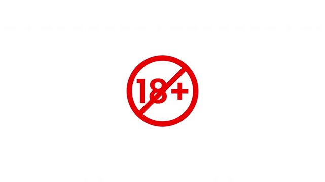 Animated red 18+ age restriction symbol on a white background, perfect for video intros, content warnings, censorship edits, and chroma key video production.
