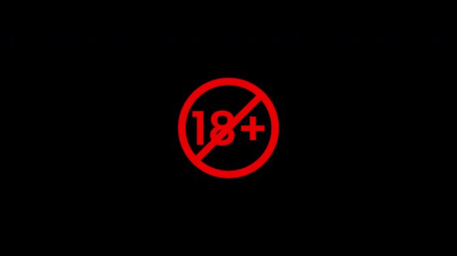 Animated red 18+ age restriction symbol on a black background, perfect for video intros, content warnings, censorship edits, and chroma key video production.