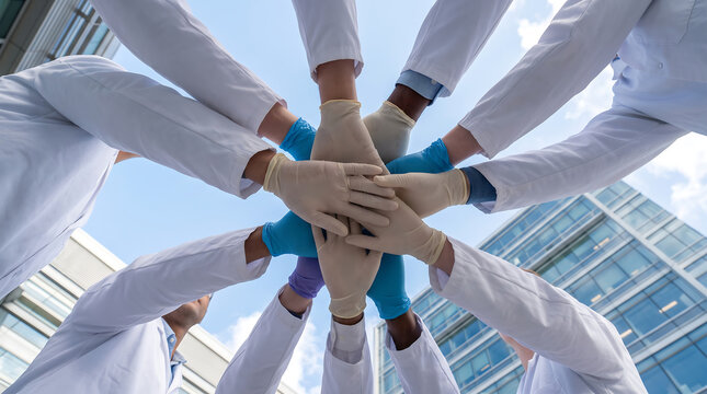 Low angle view of diverse group of professional scientists stacking hands in unity huddle wearing white lab coats and protective gloves outside modern office building