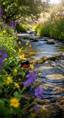 Fototapeta premium Serene forest stream with vibrant wildflowers.