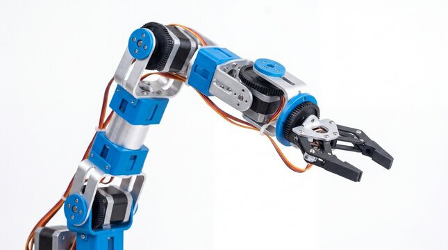 Close-up studio shot of a programmable educational robotic arm with blue plastic joints, aluminum metal brackets, stepper motors, and an open mechanical gripper claw, isolated on white background.