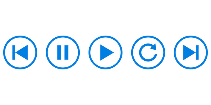 Blue media player button icons set for audio video control isolated on transparent background