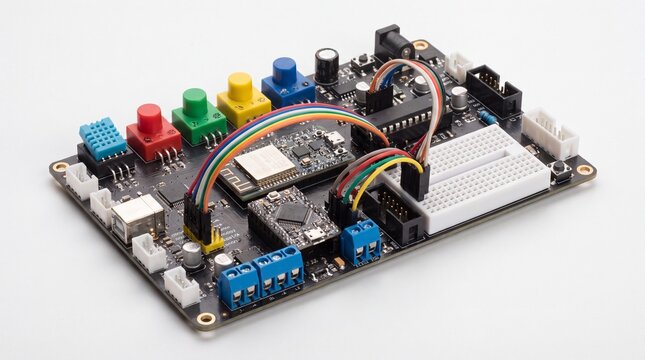 Angled studio shot of an all-in-one educational electronics development board with integrated microcontroller modules, a mini breadboard, colorful push buttons, and jumper wires, isolated on a white b