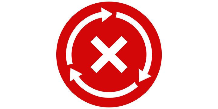Red circle icon with cross mark and rotating arrows representing reload error or cancel process isolated on transparent background