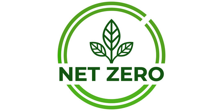 Green net zero emissions emblem badge with leaves and circular frame isolated on transparent background