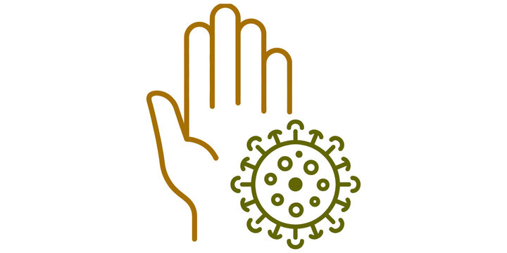 Outline icon of human hand stopping virus cell for infection prevention and health safety isolated on transparent background