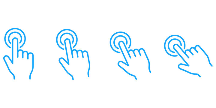 Blue hand clicking icon set showing finger touching screen isolated on transparent background