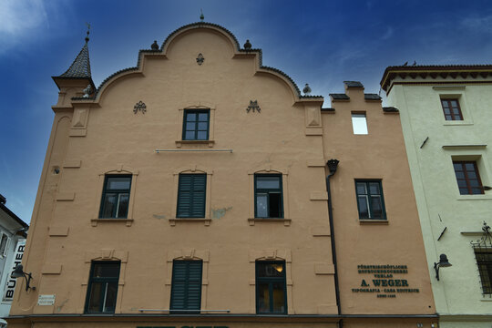 Headquarters of the A. Weger printing house and bookshop, located in Gro&szlig;er Graben in Bressanone. A. Weger is a historic South Tyrolean company, active since 1550