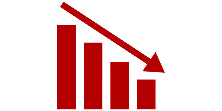 Red bar chart with downward arrow showing financial decline or economic loss isolated on transparent background