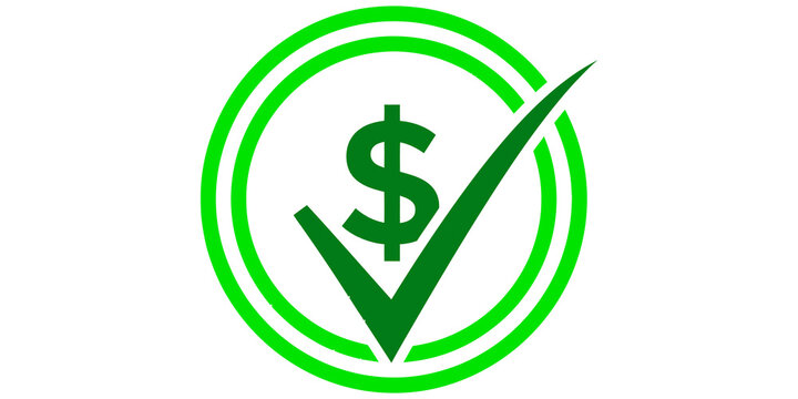 Green dollar sign with checkmark inside circular frame icon isolated on transparent background
