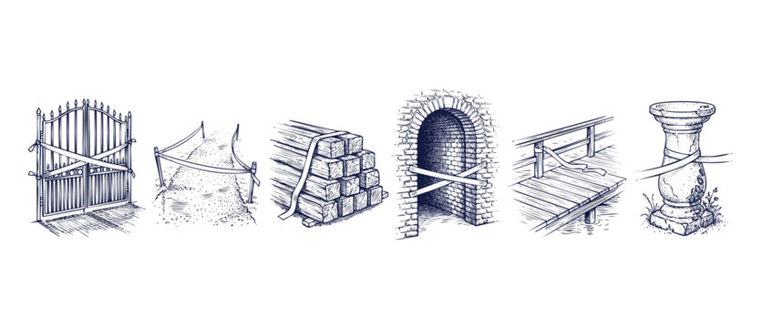 Hand Drawn Restricted Access Set of blocked gate, path, lumber, brick archway, wooden bridge, and stone pedestal with ribbon tape. Vintage engraving style sketch illustrations of closed entry.