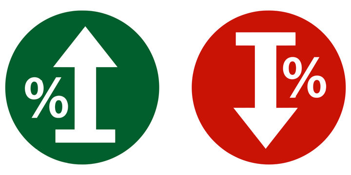 Percentage up and down icons with green and red growth arrows isolated on transparent background
