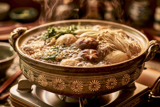 Traditional Japanese Hot Pot with Bubbling Broth and Various Ingredients
