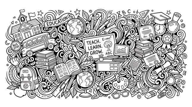 Hand drawn education doodle illustration featuring school supplies, books, and academic icons for academic learning and teaching concepts