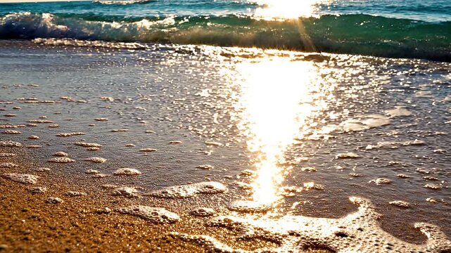 Primer plano cinem&aacute;tico de suave ola marina con espuma cubriendo la arena dorada, con deslumbrantes reflejos del sol dorado sobre el agua turquesa al atardecer.