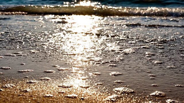 Primer plano cinem&aacute;tico de suave ola marina con espuma cubriendo la arena dorada, con deslumbrantes reflejos del sol dorado sobre el agua turquesa al atardecer.