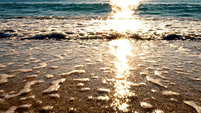 Primer plano cinem&aacute;tico de suave ola marina con espuma cubriendo la arena dorada, con deslumbrantes reflejos del sol dorado sobre el agua turquesa al atardecer.