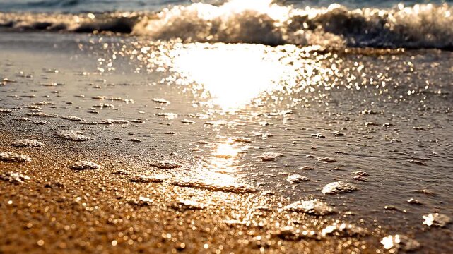 Primer plano cinem&aacute;tico de suave ola marina con espuma cubriendo la arena dorada, con deslumbrantes reflejos del sol dorado sobre el agua turquesa al atardecer.