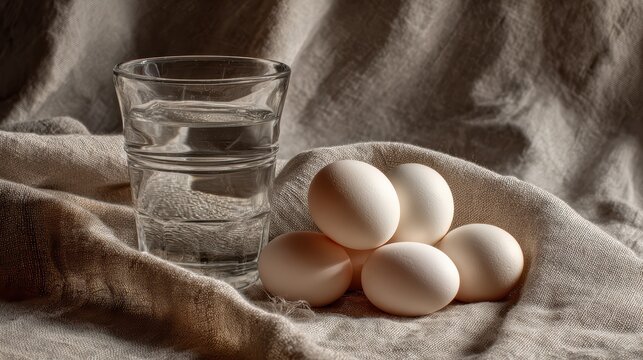 close-up still life, water glass and eggs on textured linen fabric, gentle wrinkles, soft natural light, 8k