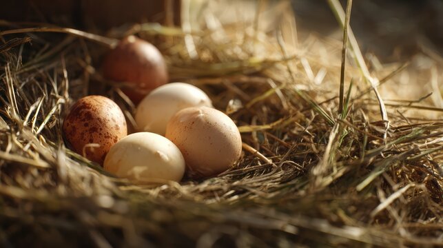 eggs resting on straw nest, close-up from left angle, soft shadows, natural farm environment, ultra detailed 8k