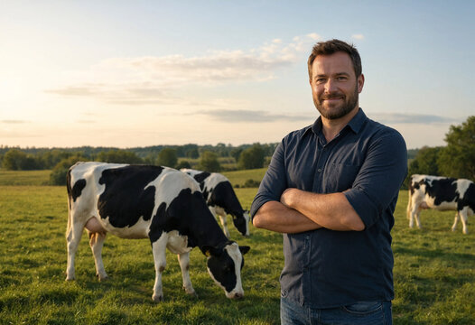A smiling male farmer stands with arms crossed in a grassy pasture while dairy cows graze in the background at sunset. The scene conveys rural life and agriculture outdoors.