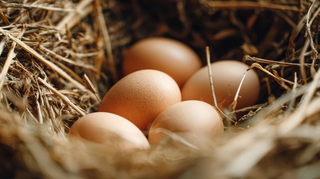 several eggs resting on dry hay, close-up from slightly top angle, natural farm environment, soft shadows