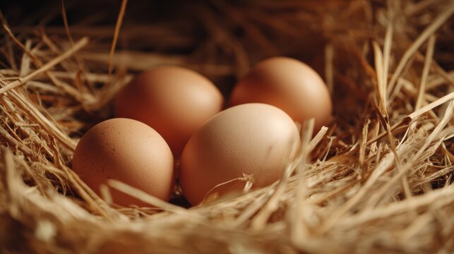 several eggs resting on dry hay, close-up from slightly top angle, natural farm environment, soft shadows