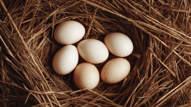 several eggs resting on dry hay, close-up from slightly top angle, natural farm environment, soft shadows