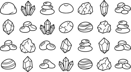 Large collection of simple black outline rocks, zen pebbles, and crystal gem line art vector icons © Mukti