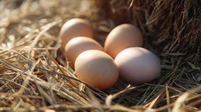 several eggs resting on dry hay, close-up from slightly top angle, natural farm environment, soft shadows