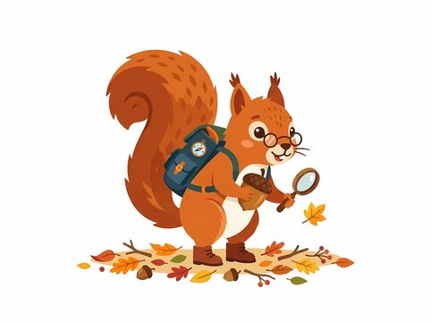 Cute Cartoon Squirrel Explorer with Magnifying Glass and Backpack.