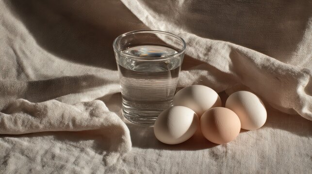 still life composition, glass of water next to eggs on linen cloth, minimal aesthetic, soft daylight, subtle wrinkles
