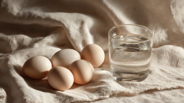 still life composition, glass of water next to eggs on linen cloth, minimal aesthetic, soft daylight, subtle wrinkles