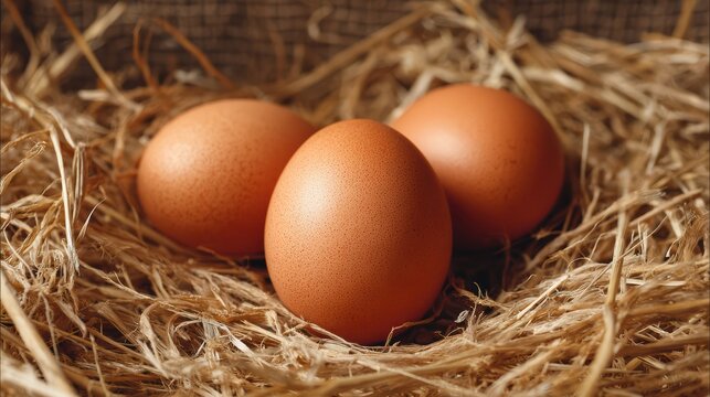 three eggs on natural hay, close-up shot from side angle, soft natural lighting, warm tones