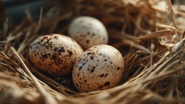 three eggs on natural hay, close-up shot from side angle, soft natural lighting, warm tones