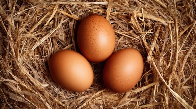 three eggs on natural hay, close-up shot from side angle, soft natural lighting, warm tones