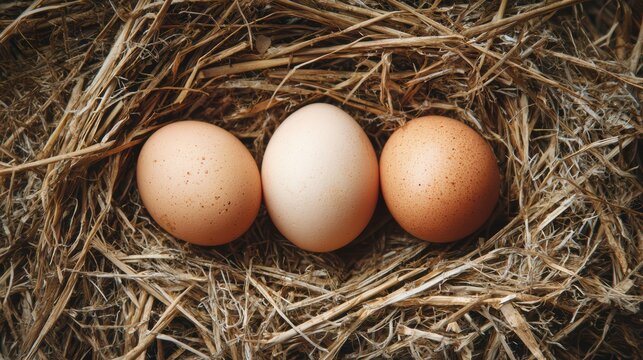 three eggs on natural hay, close-up shot from side angle, soft natural lighting, warm tones