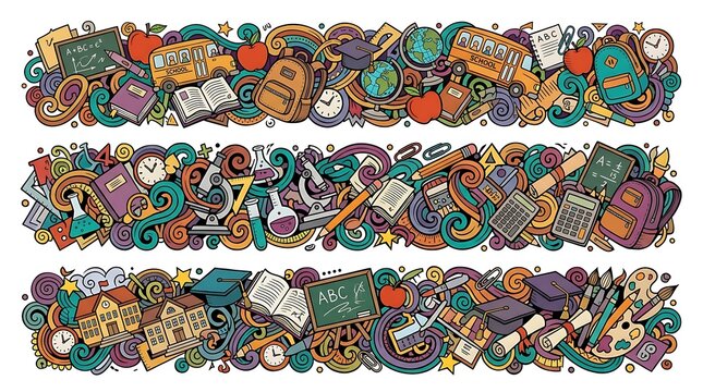 Colorful hand-drawn school doodle borders featuring educational supplies, science equipment, and academic icons for classroom design