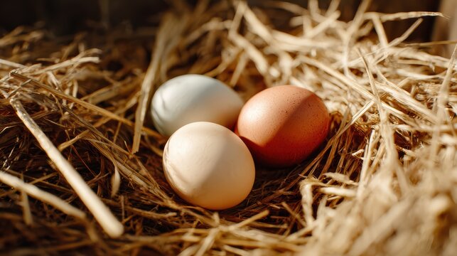 three eggs on natural hay, close-up shot from side angle, soft natural lighting, warm tones
