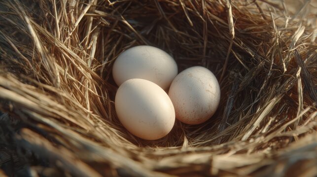three eggs on natural hay, close-up shot from side angle, soft natural lighting, warm tones