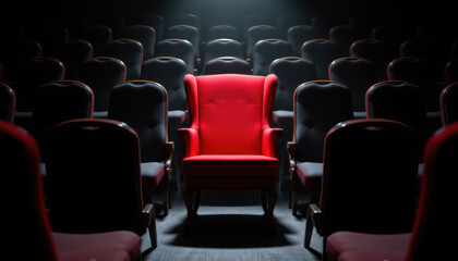 Fototapeta premium Red chair in dark theater among empty seat, dramatic spotlight, cinematic interior, lonely concept, red upholstery