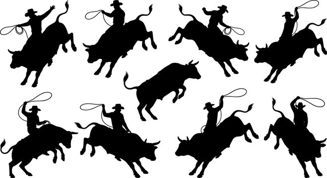 Set of black silhouette rodeo cowboys riding bucking bulls and swinging lassos for western sports graphic design.