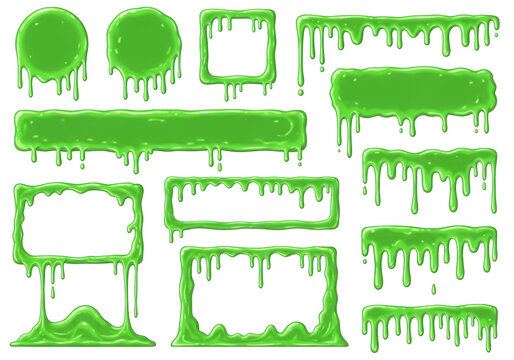 Green slime drips and frames isolated on transparent background for spooky or creative design projects