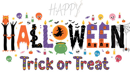 Fototapeta premium Colorful halloween trick or treat greeting card with playful themed icons with festive decorations under soft