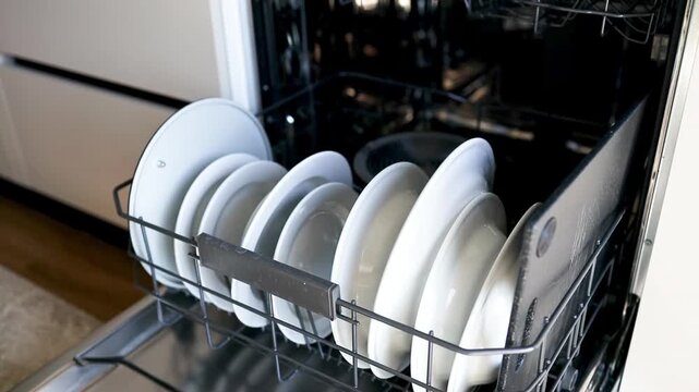Clean kitchen utensils and tableware inside automatic dishwashing machine.
