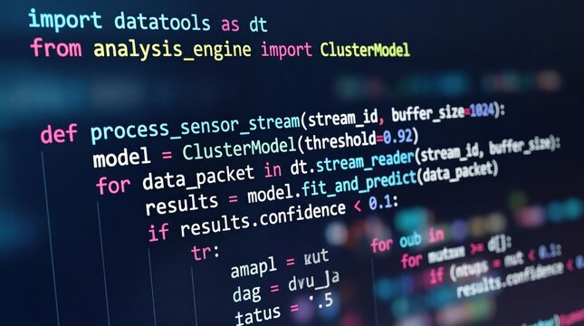 Close up of computer screen displaying python programming code for data analysis and machine learning, software development background, artificial intelligence algorithm coding ...