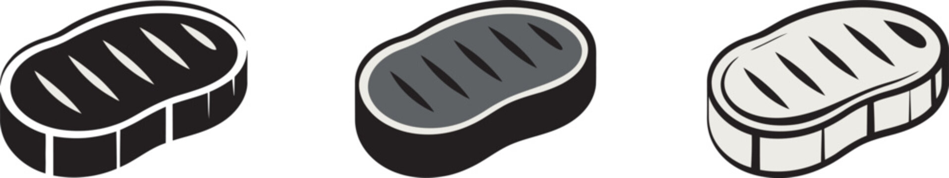 Set of three grilled steak meat in different styles, black and white of beef cuts for menu or food branding projects