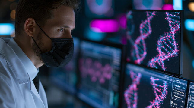 Scientist or doctor wearing protective face mask analyzing DNA strand structure models on multiple digital monitors in laboratory.