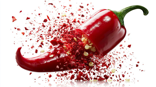 Red chili pepper exploding into flakes and seeds isolated on white background